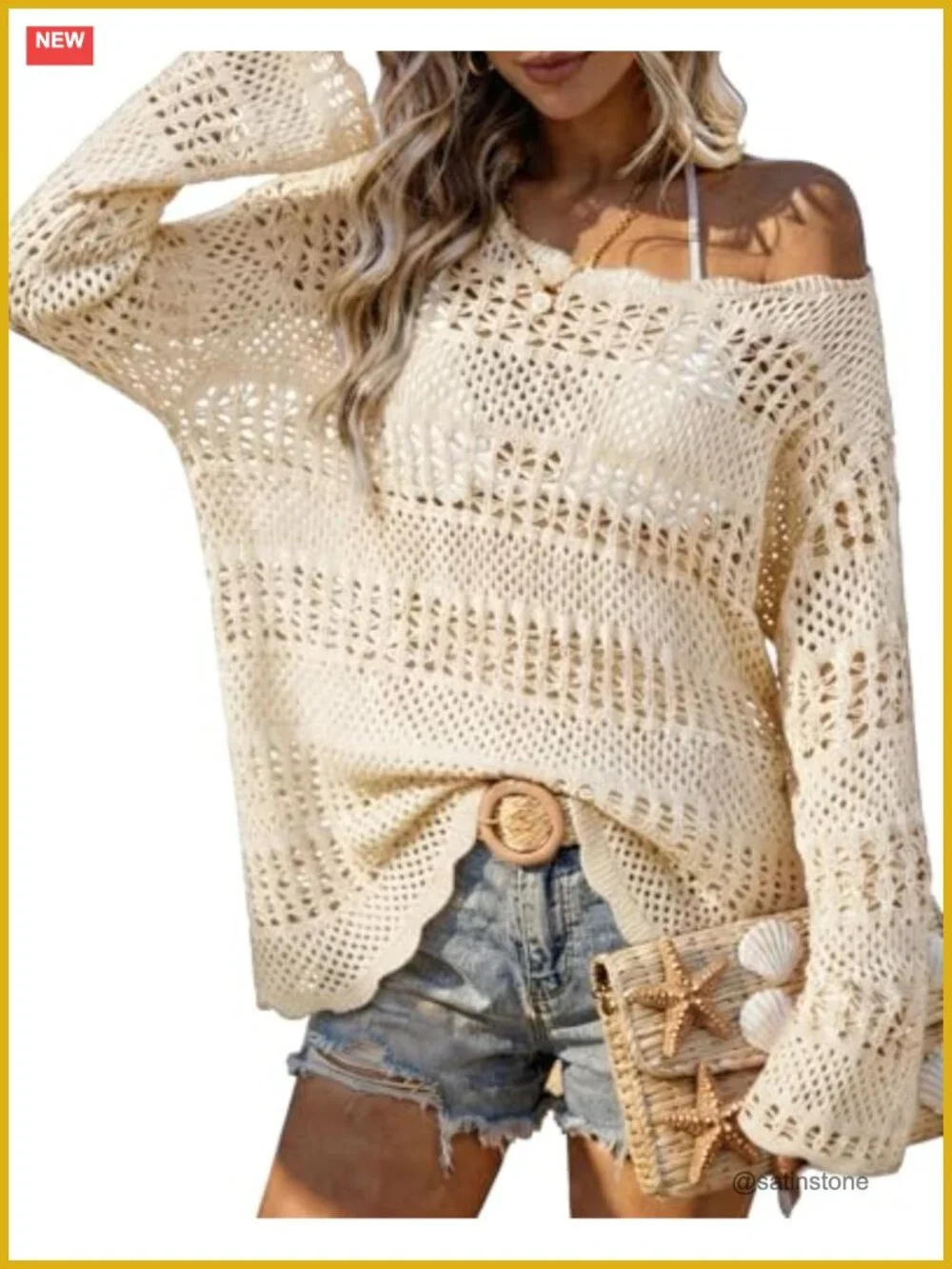 Crochet Cover Up Swim Coverup Off Shoulder Knit Top Beach Vacation Outfit